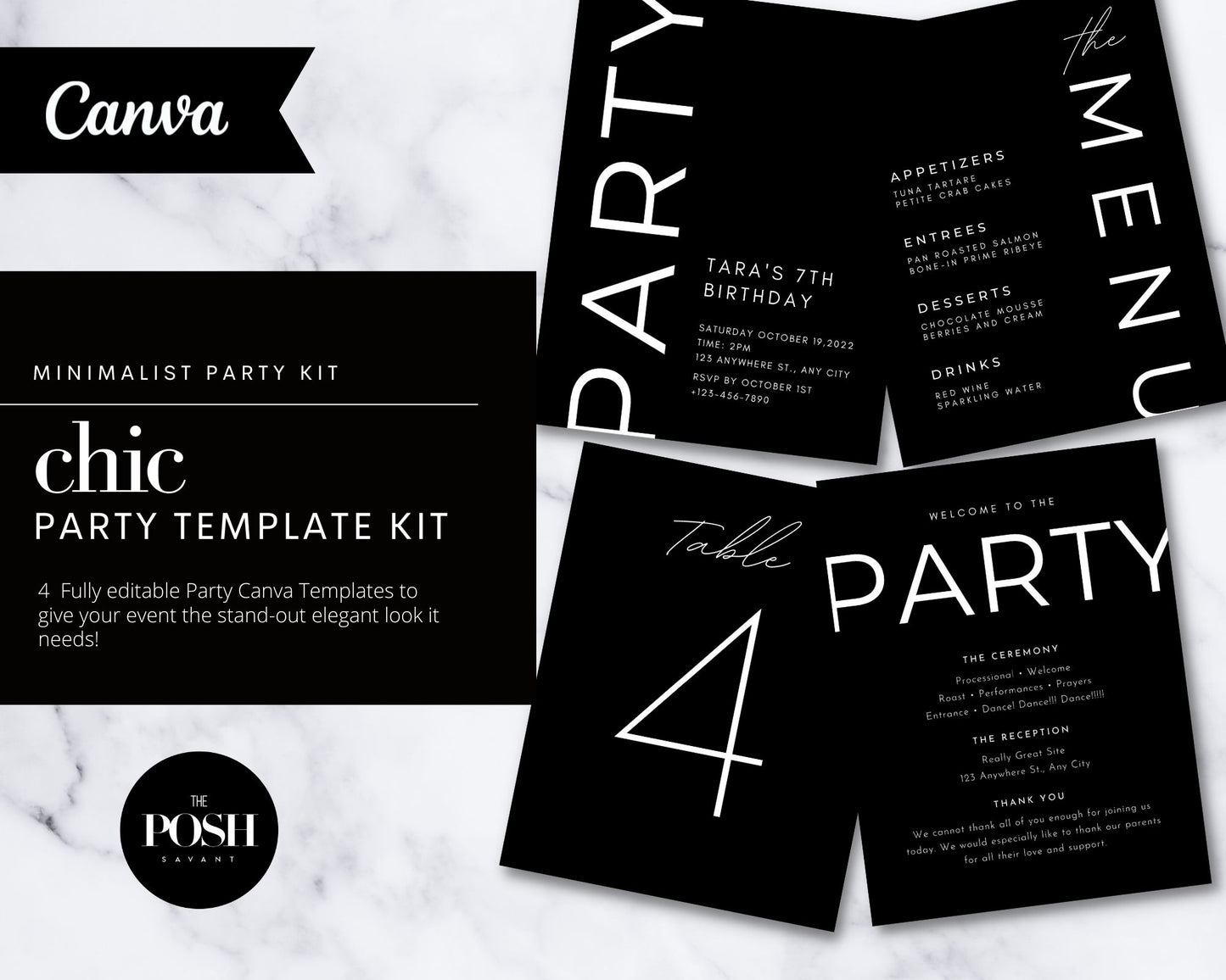 T00039 Chic Party Kit Print Templates - Minimalist Black Chic Event Print Template