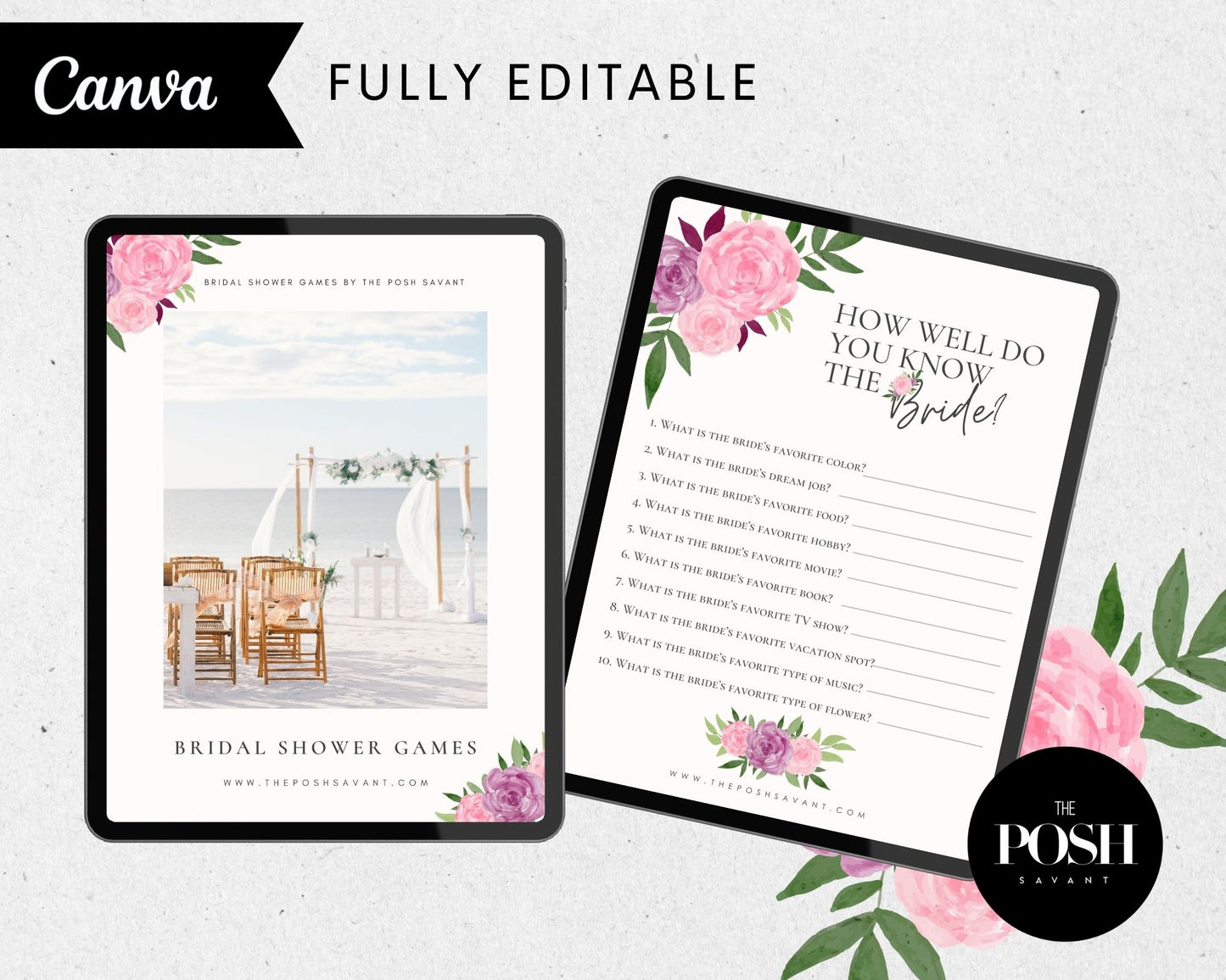 T00134 Posh Printables - 10 Page PDF - Bridal Shower Game Printable booklet.